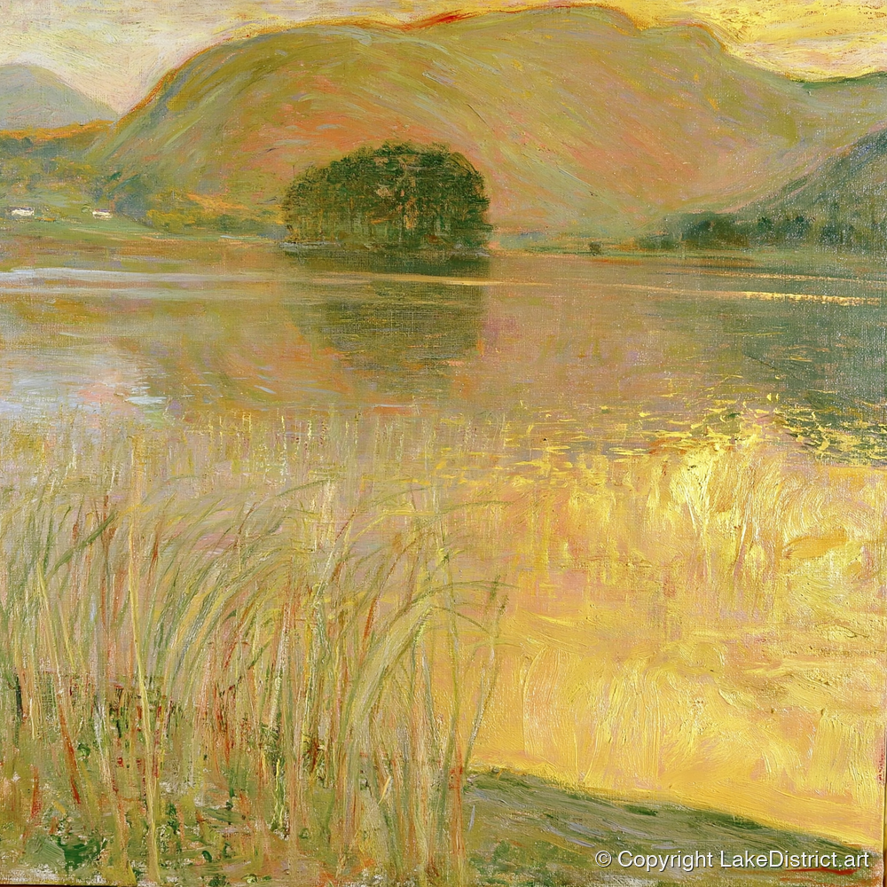 Golden Waters of Grasmere Island - lake district lake art print and canvas by Benedict Hale A.I