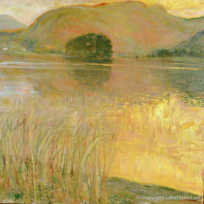 Golden Waters of Grasmere Island - lake district lake art print and canvas by Benedict Hale A.I