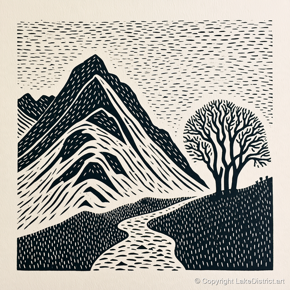 Graphic Bowfell and Lone Tree - lake district fell art print and canvas by Reuben Shaw A.I