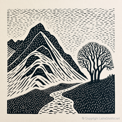 Graphic Bowfell and Lone Tree - lake district fell art print and canvas by Reuben Shaw A.I