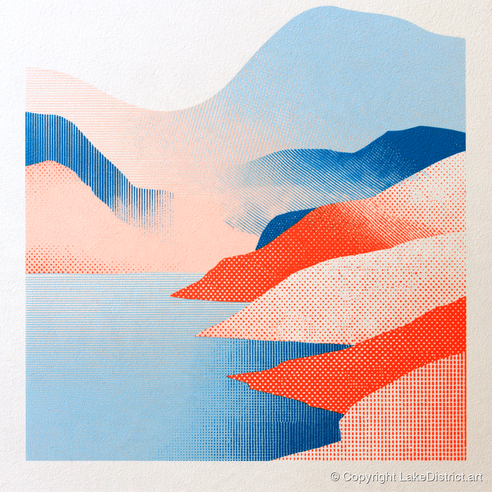Graphic Buttermere in Coral and Blue - lake district lake art print and canvas by Elliot Reid A.I