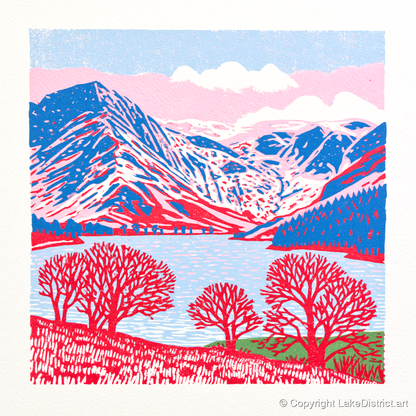Graphic Buttermere in Red and Blue - lake district lake art print and canvas by Christopher Seaton A.I