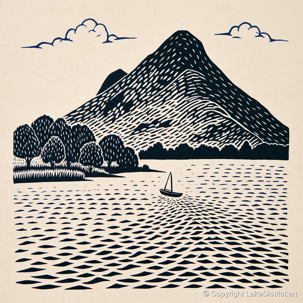 Graphic Catbells and Sailing Boat - lake district fell art print and canvas by Reuben Shaw A.I