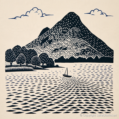 Graphic Catbells and Sailing Boat - lake district fell art print and canvas by Reuben Shaw A.I
