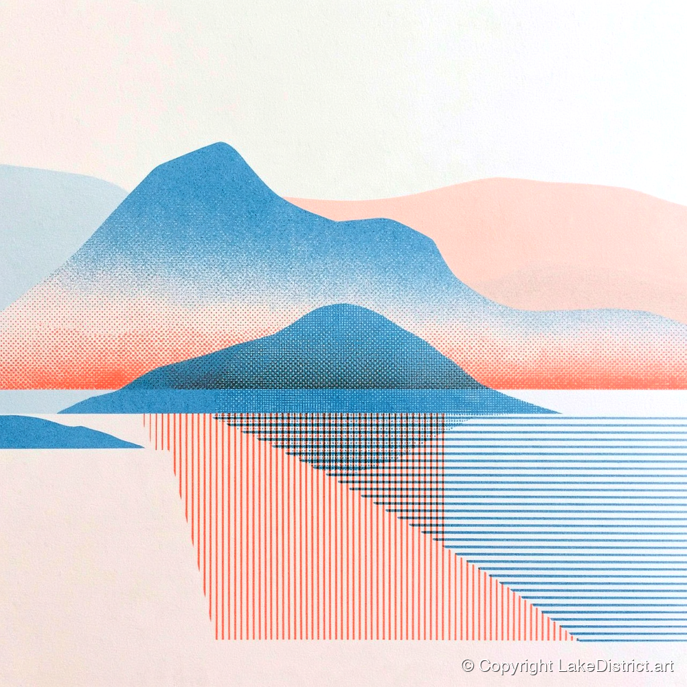 Graphic Catbells In Blue And Coral - lake district fell art print and canvas by Elliot Reid A.I