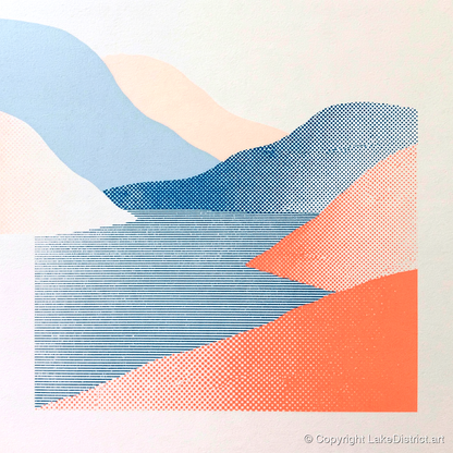Graphic Coral and Blue Fells - lake district lake art print and canvas by Elliot Reid A.I