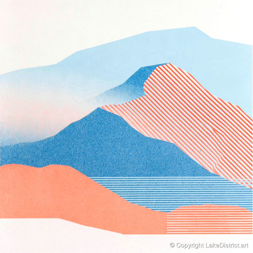 Graphic Coral Mountain Ridge - lake district fell art print and canvas by Elliot Reid A.I