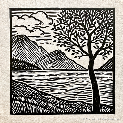 Graphic Crummock Water Fells - lake district lake art print and canvas by Isaac Denton A.I