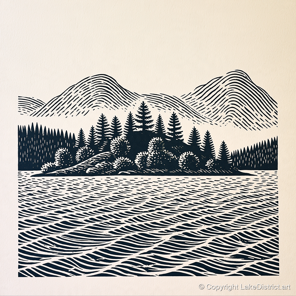 Graphic Derwentwater Island Landscape - lake district lake art print and canvas by Reuben Shaw A.I