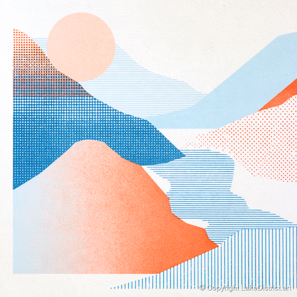 Graphic Eskdale Valley in Coral - lake district valley art print and canvas by Elliot Reid A.I
