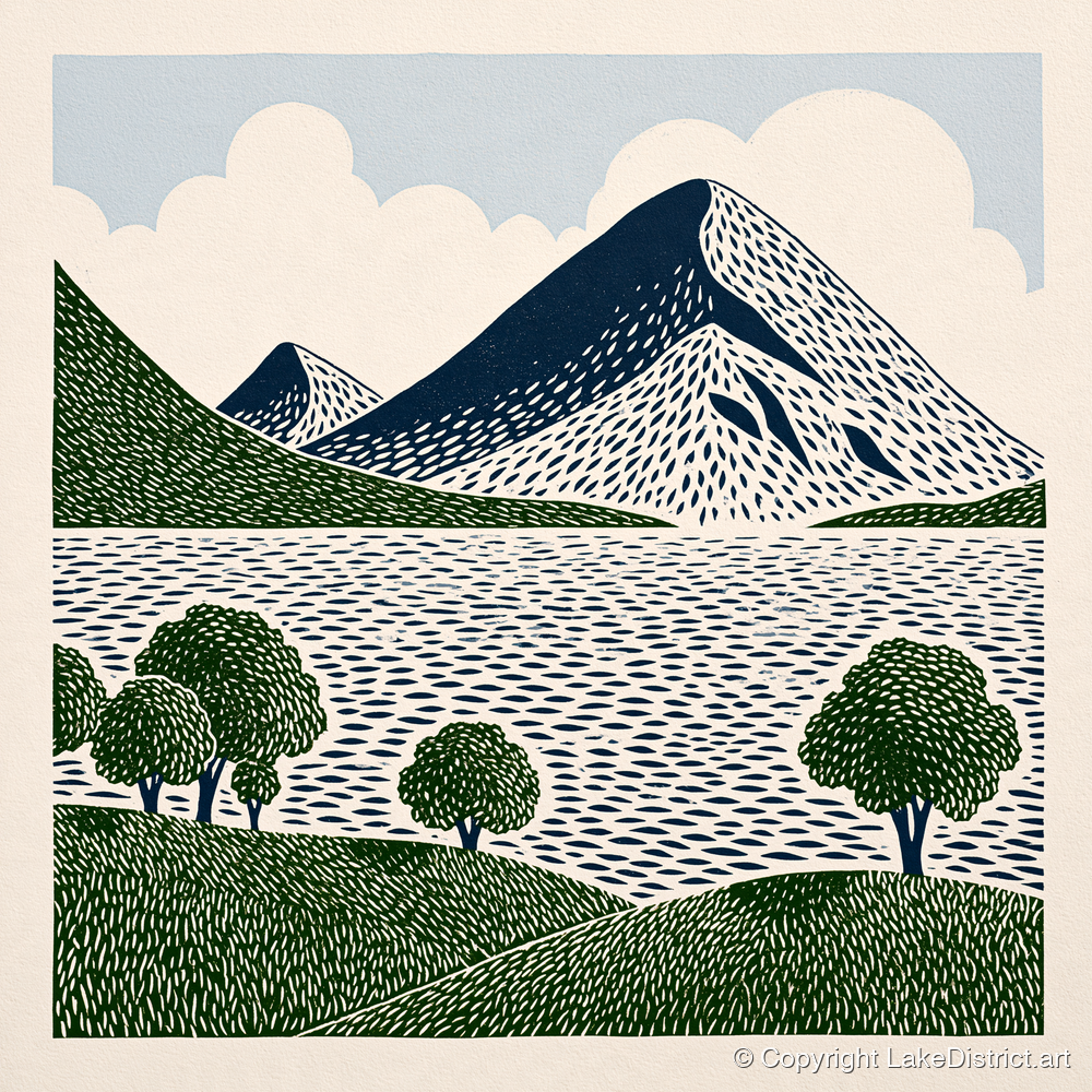 Graphic Fells Above Crummock Water - lake district lake art print and canvas by Reuben Shaw A.I