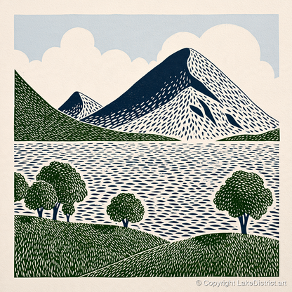 Graphic Fells Above Crummock Water - lake district lake art print and canvas by Reuben Shaw A.I