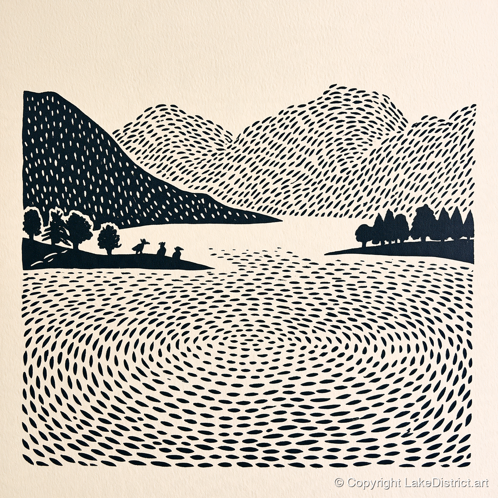 Graphic Grasmere Lake and Fells - lake district lake art print and canvas by Reuben Shaw A.I