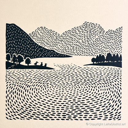 Graphic Grasmere Lake and Fells - lake district lake art print and canvas by Reuben Shaw A.I