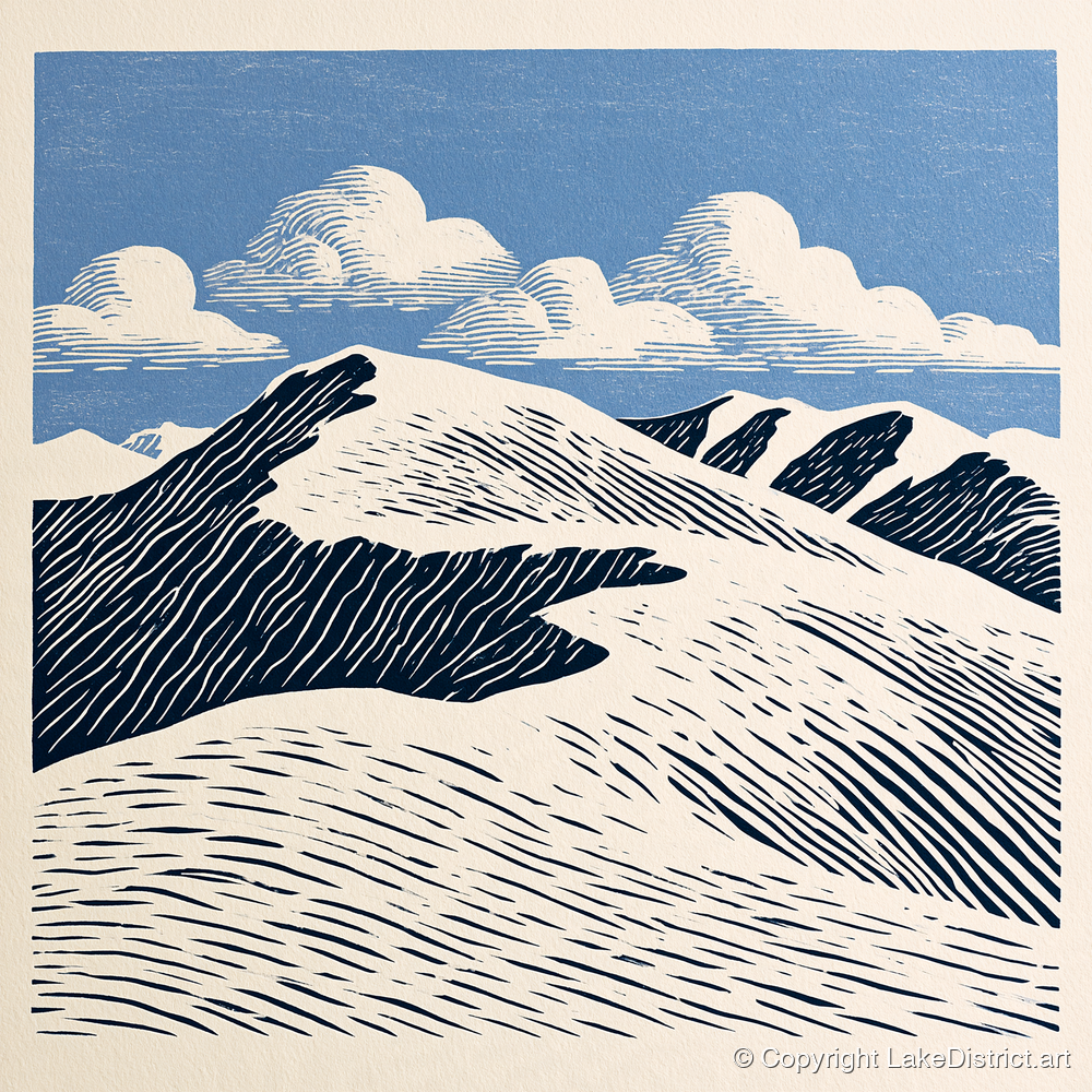 Graphic Helvellyn Ridge in Navy - lake district fell art print and canvas by Reuben Shaw A.I