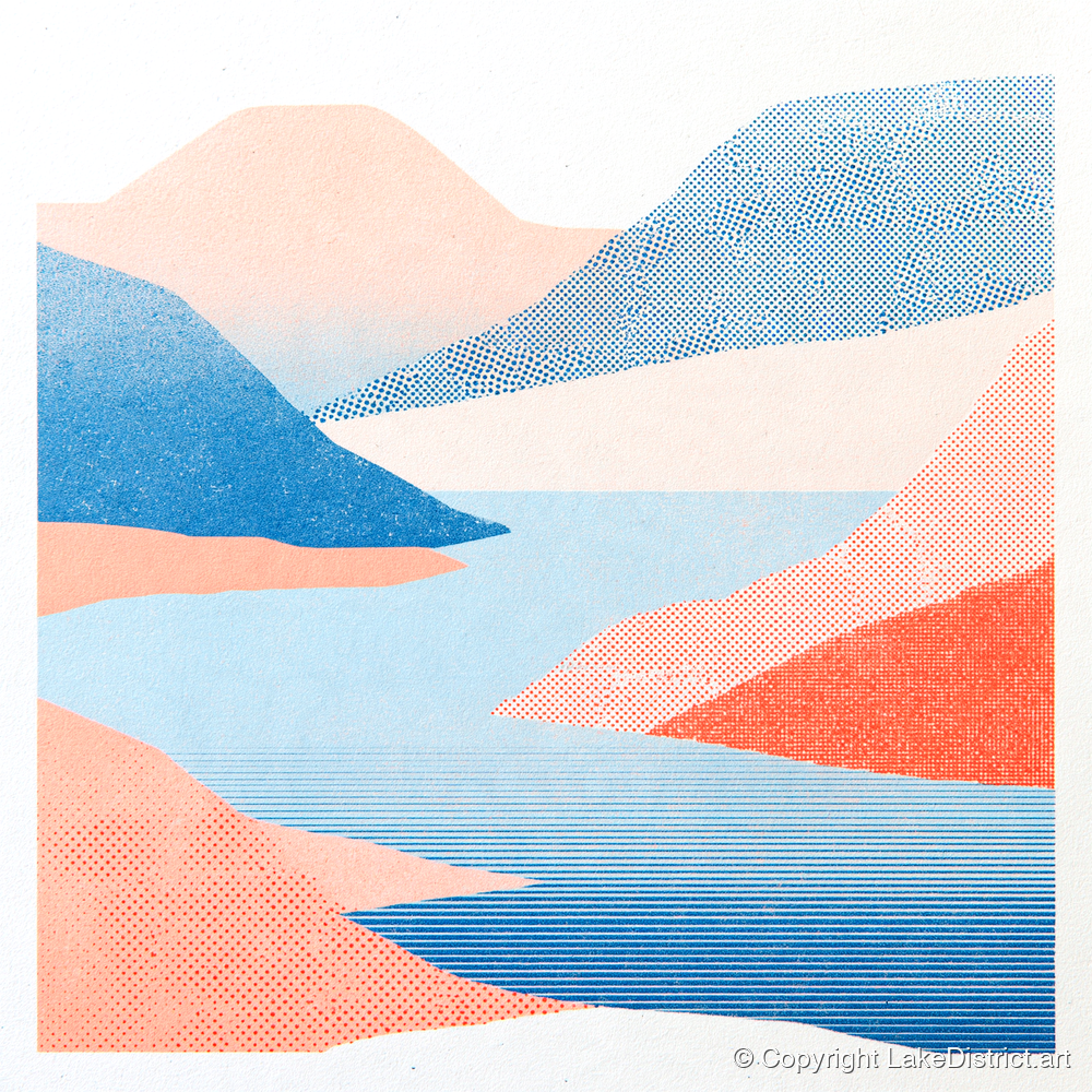 Graphic Lake And Coral Fells - lake district lake art print and canvas by Elliot Reid A.I