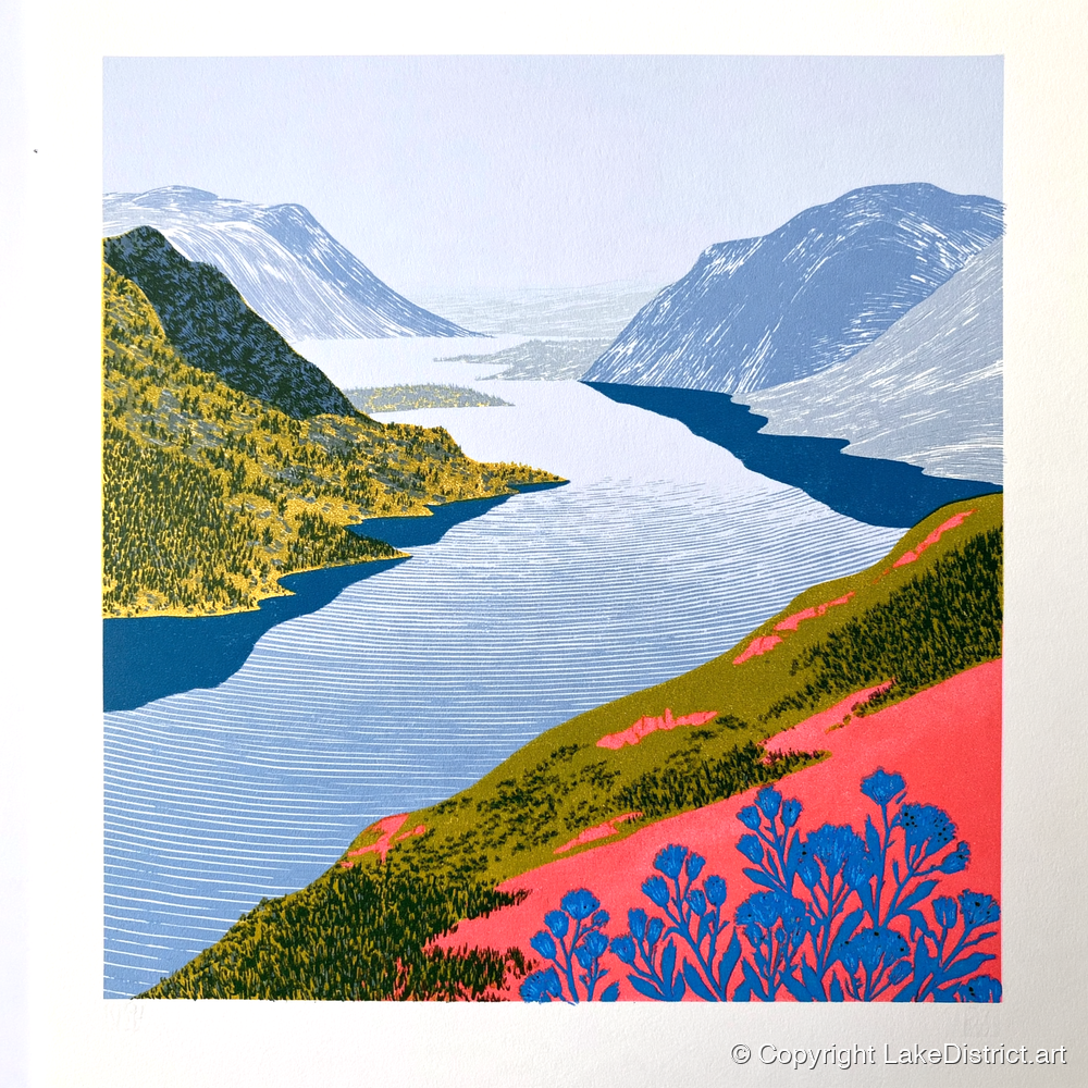 Graphic Lake And Fells In Coral - lake district lake art print and canvas by William Parrish A.I