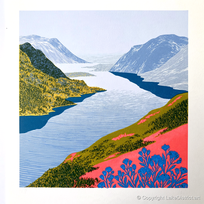 Graphic Lake And Fells In Coral - lake district lake art print and canvas by William Parrish A.I
