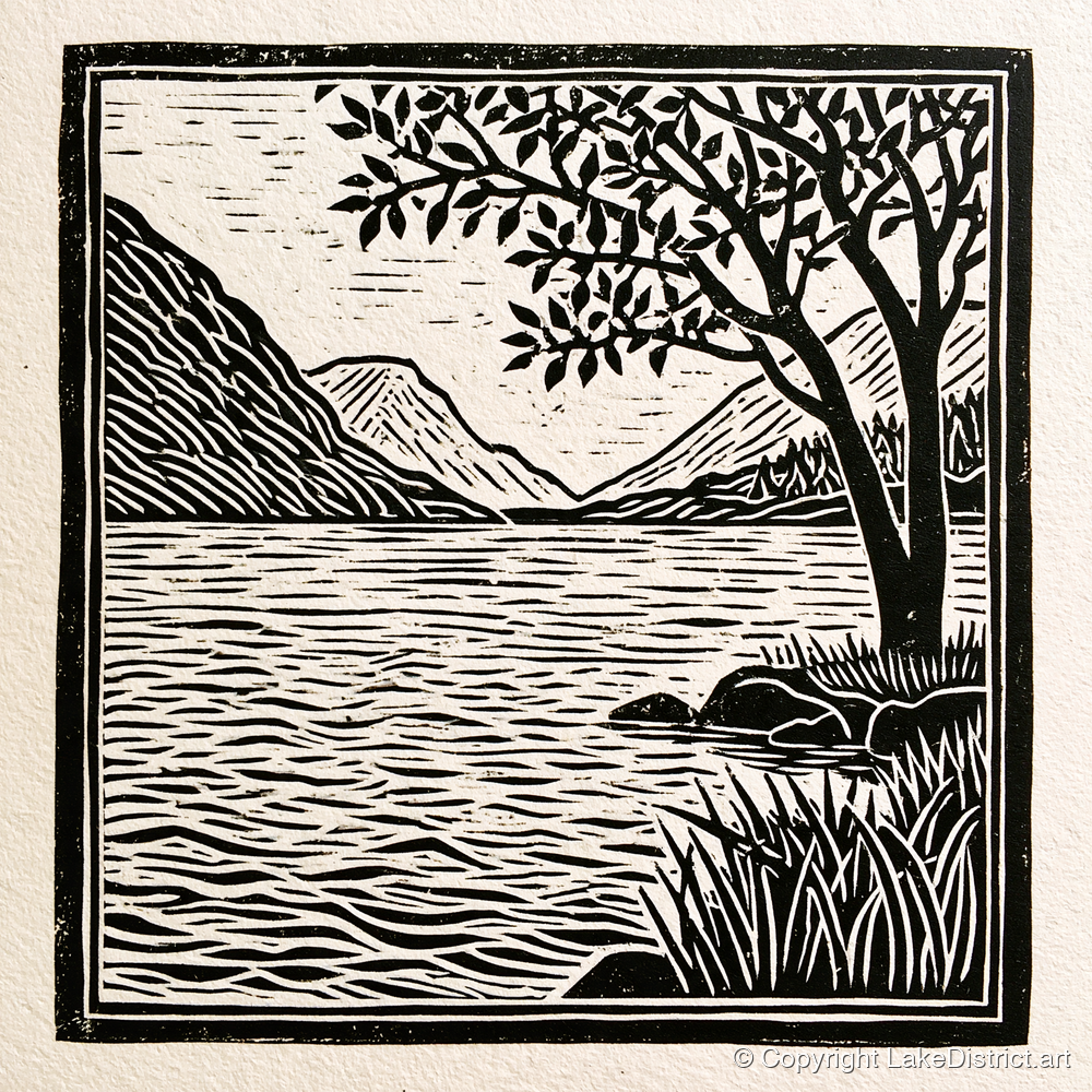 Graphic Lake Fells at Dawn - lake district lake art print and canvas by Isaac Denton A.I