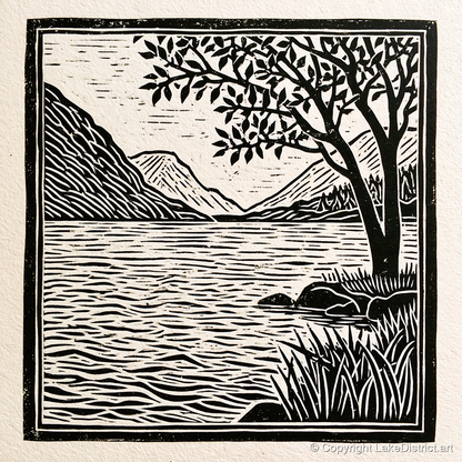 Graphic Lake Fells at Dawn - lake district lake art print and canvas by Isaac Denton A.I