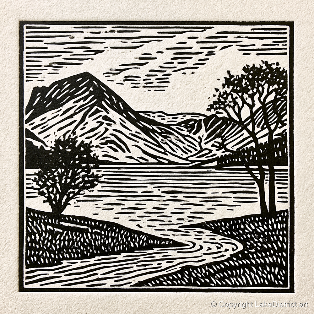 Graphic Monochrome Buttermere Fells - lake district lake art print and canvas by Isaac Denton A.I