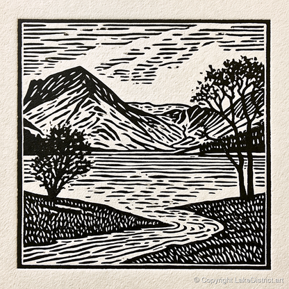 Graphic Monochrome Buttermere Fells - lake district lake art print and canvas by Isaac Denton A.I