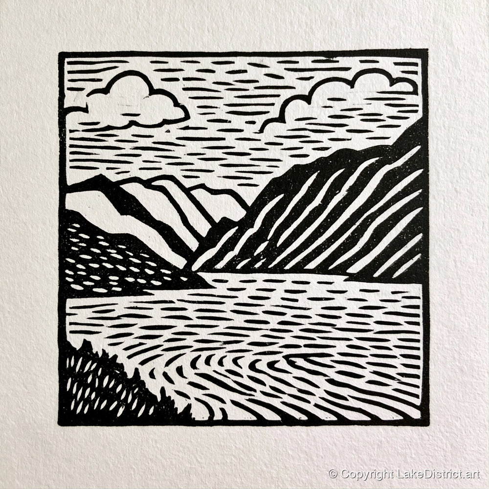 Graphic Monochrome Lake and Fells - lake district lake art print and canvas by Isaac Denton A.I