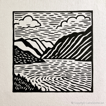 Graphic Monochrome Lake and Fells - lake district lake art print and canvas by Isaac Denton A.I