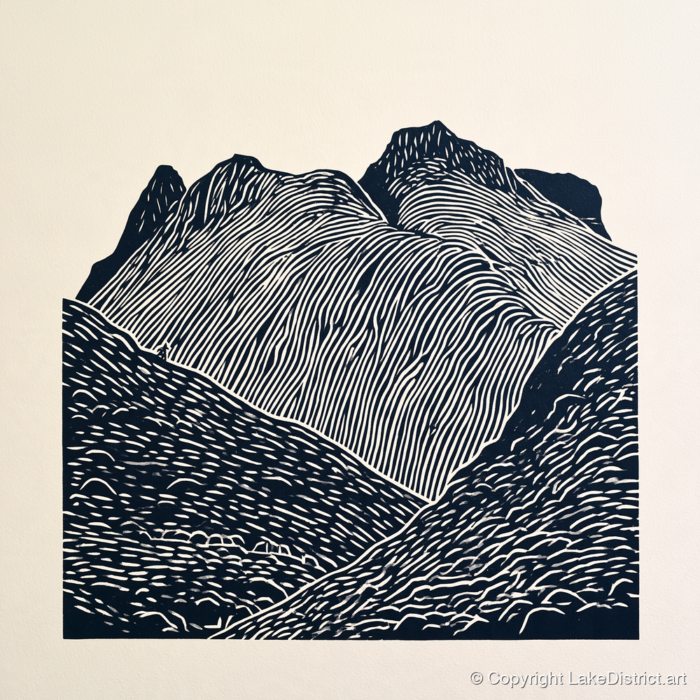 Graphic Monochrome Langdale Pikes - lake district fell art print and canvas by Reuben Shaw A.I