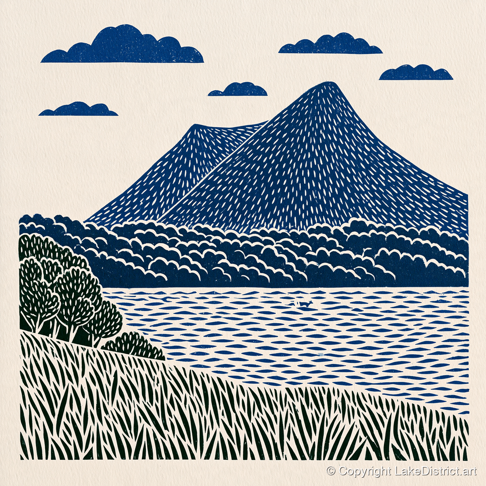 Graphic Navy Catbells Fell - lake district fell art print and canvas by Reuben Shaw A.I