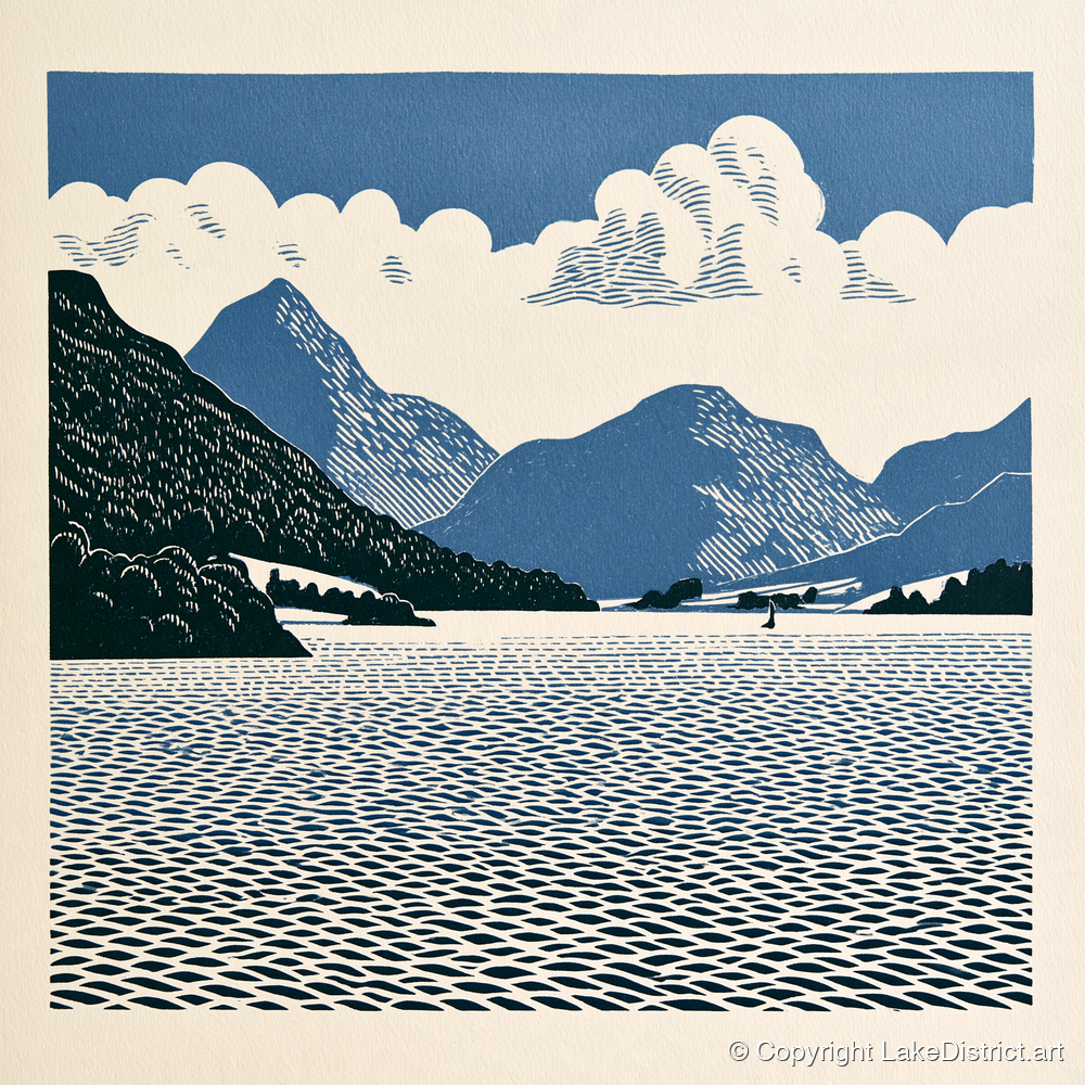Graphic Navy Ullswater Landscape - lake district lake art print and canvas by Reuben Shaw A.I