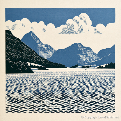 Graphic Navy Ullswater Landscape - lake district lake art print and canvas by Reuben Shaw A.I