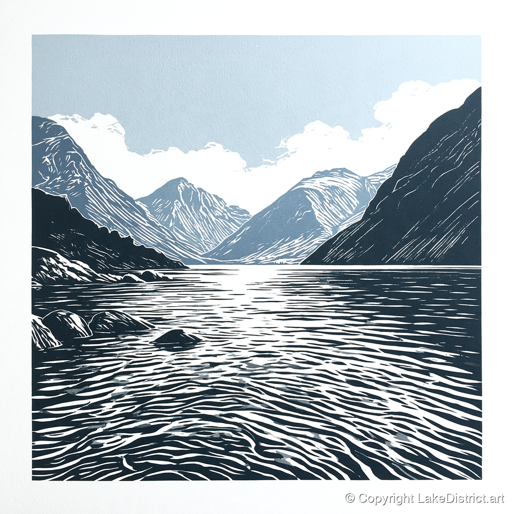 Graphic Navy Wastwater Screes - lake district lake art print and canvas by Alfred Morland A.I