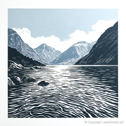 Graphic Navy Wastwater Screes - lake district lake art print and canvas by Alfred Morland A.I