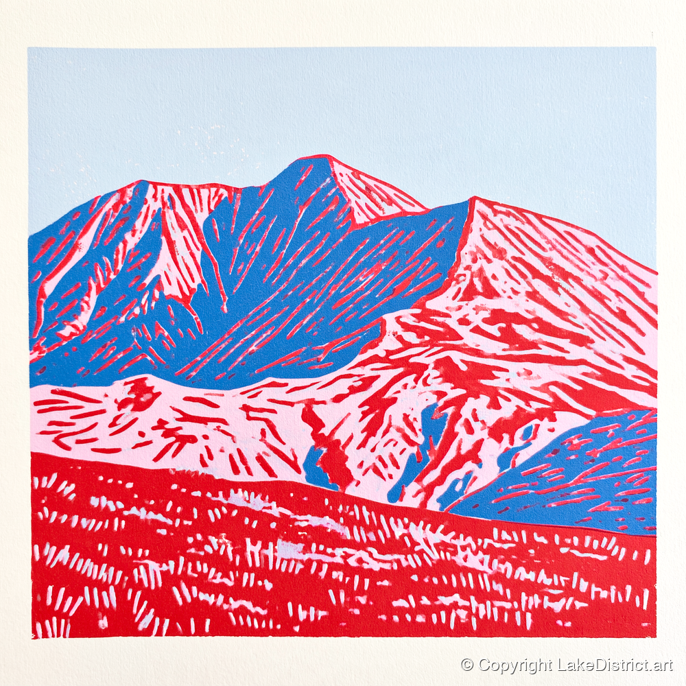 Graphic Red and Blue Helvellyn - lake district fell art print and canvas by Christopher Seaton A.I