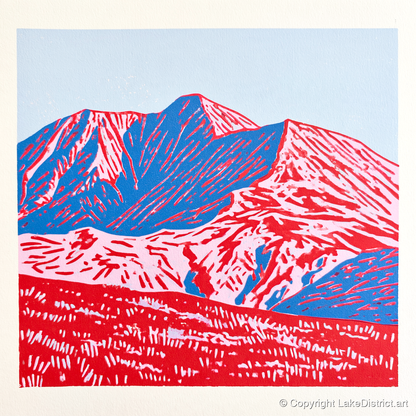 Graphic Red and Blue Helvellyn - lake district fell art print and canvas by Christopher Seaton A.I