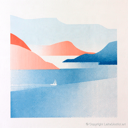 Graphic Sailboat on Lake Windermere - lake district lake art print and canvas by Elliot Reid A.I
