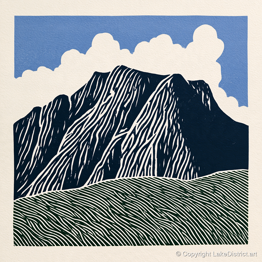 Graphic Scafell Pike Landscape - lake district fell art print and canvas by Reuben Shaw A.I