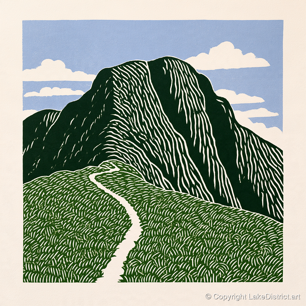 Graphic Scafell Pike Mountain Path - lake district fell art print and canvas by Reuben Shaw A.I