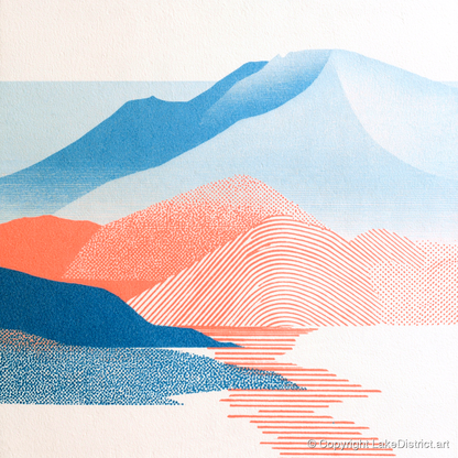 Graphic Skiddaw in Coral and Blue - lake district fell art print and canvas by Elliot Reid A.I