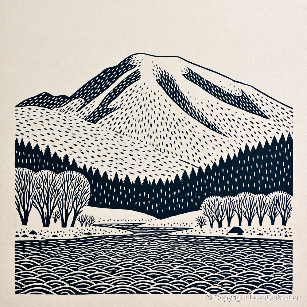 Graphic Skiddaw Mountain Scene - lake district fell art print and canvas by Reuben Shaw A.I