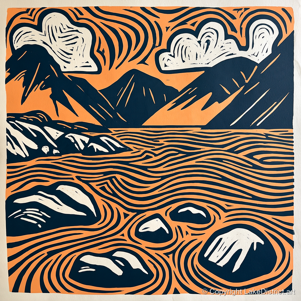 Graphic Terracotta Wastwater Landscape - lake district lake art print and canvas by Leon Baxter A.I