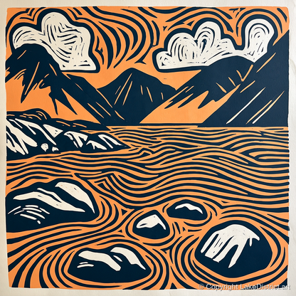 Graphic Terracotta Wastwater Landscape - lake district lake art print and canvas by Leon Baxter A.I