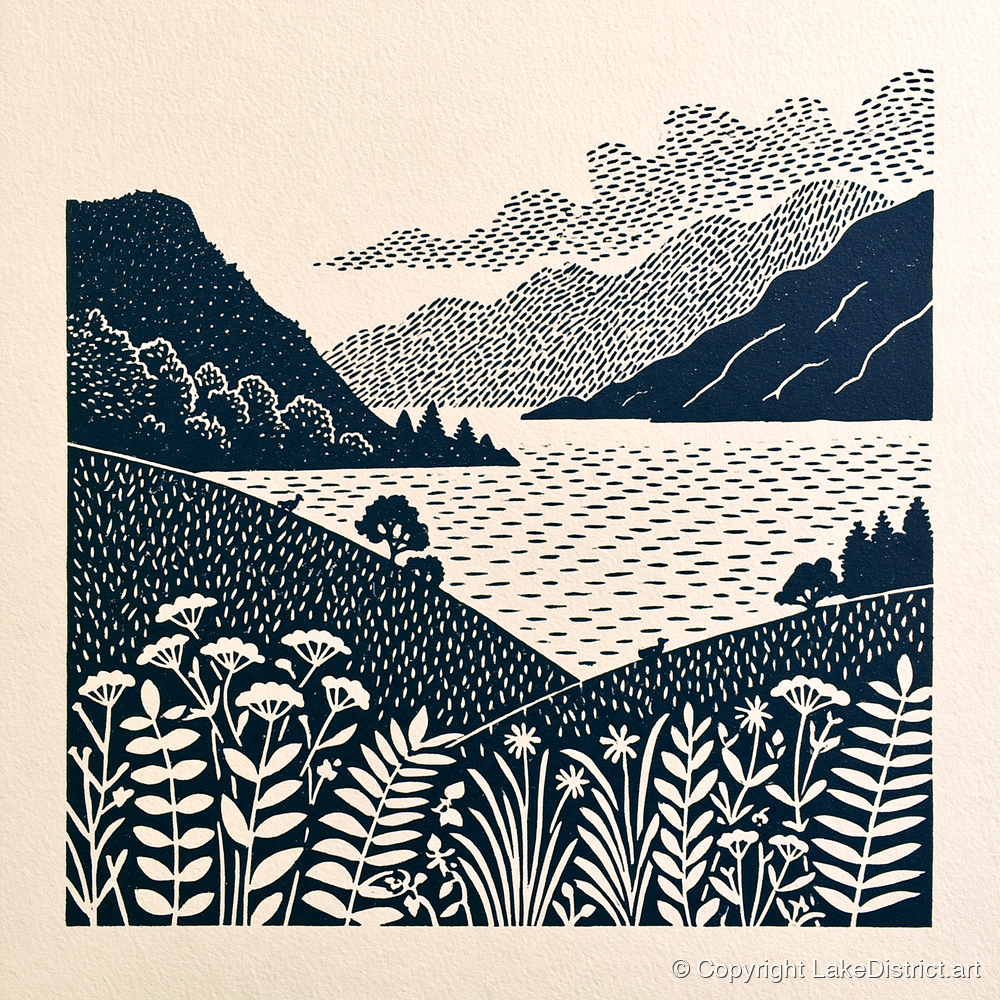 Graphic Ullswater and Layered Fells - lake district lake art print and canvas by Reuben Shaw A.I