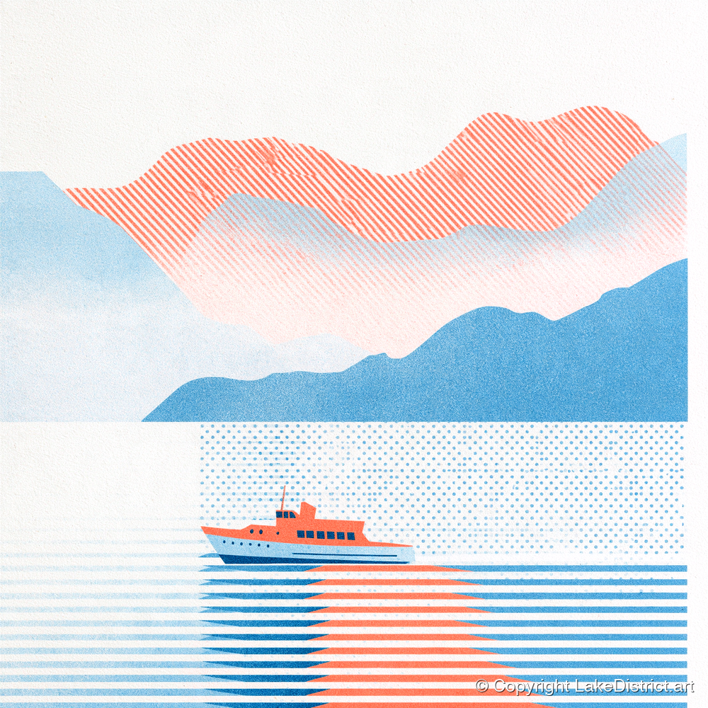 Graphic Windermere Lake Cruiser - lake district lake art print and canvas by Elliot Reid A.I