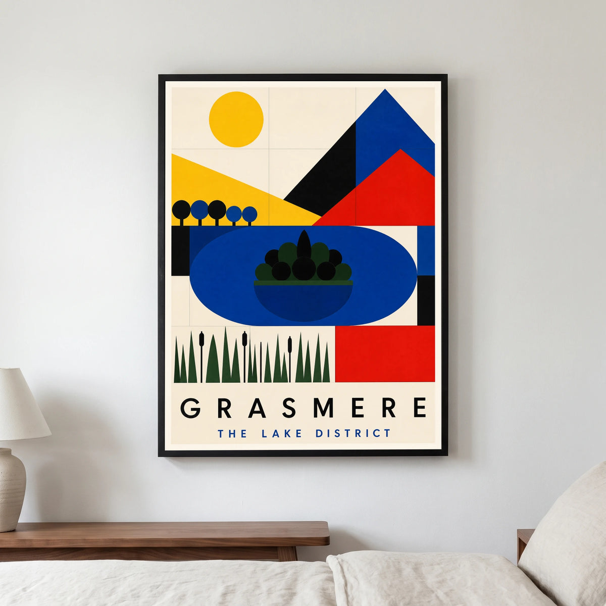 Grasmere travel poster in a black frame, hanging in a bedroom3
