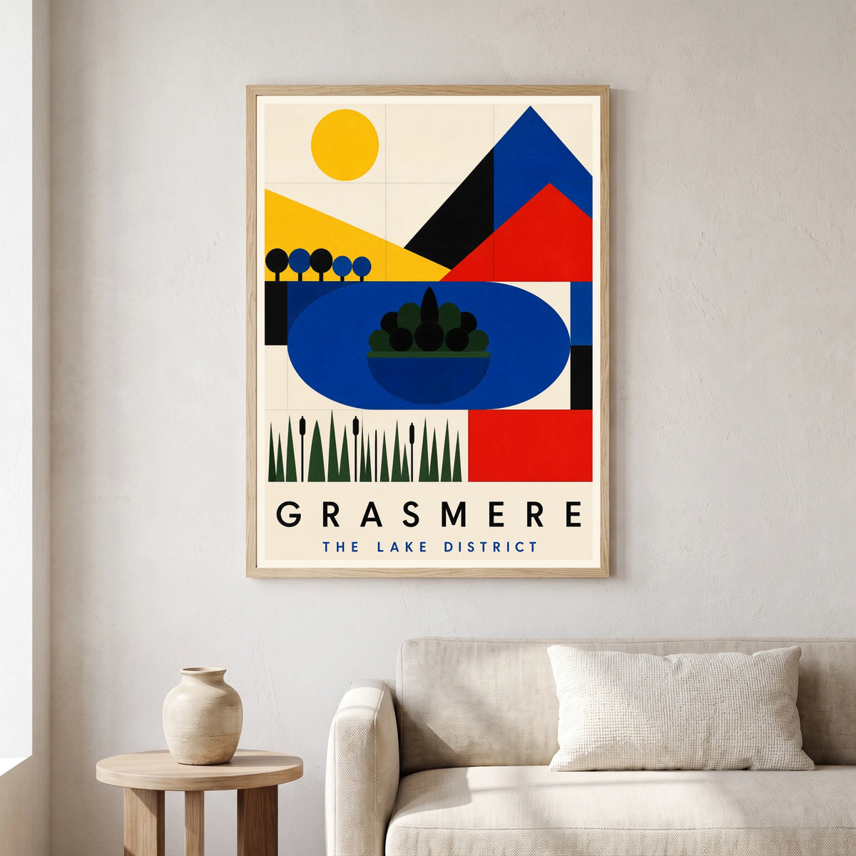 Grasmere travel poster in a natural frame, hanging in a living