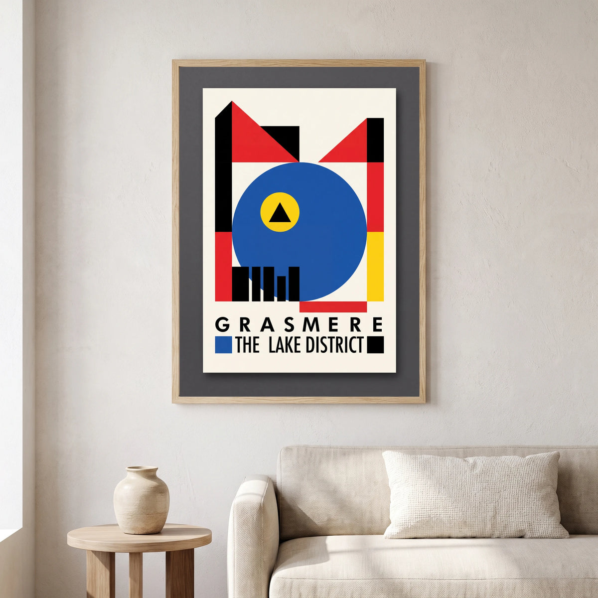 Grasmere travel poster in a natural frame, hanging in a living