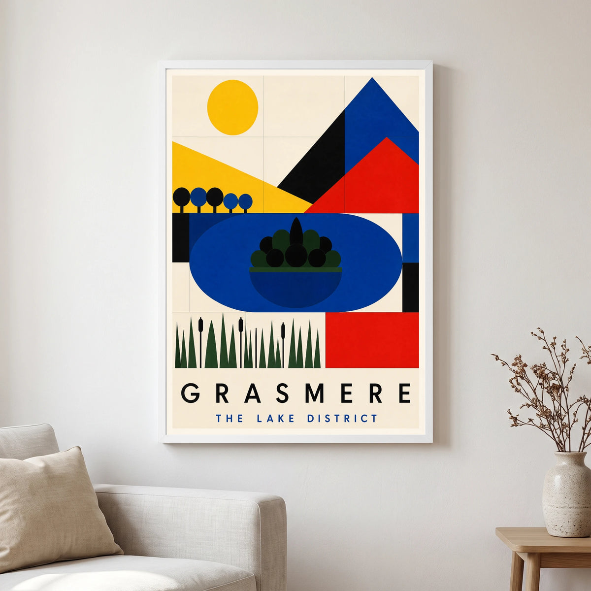 Grasmere travel poster in a white frame, hanging in a living2