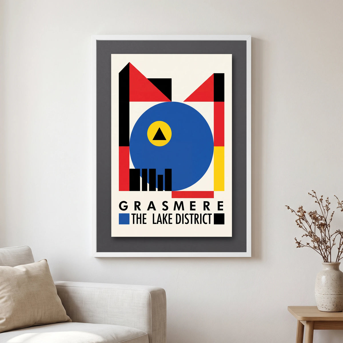 Grasmere travel poster in a white frame, hanging in a living2